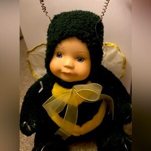 Black and Yellow Plush Bee Toy with Gold Wings glass doll